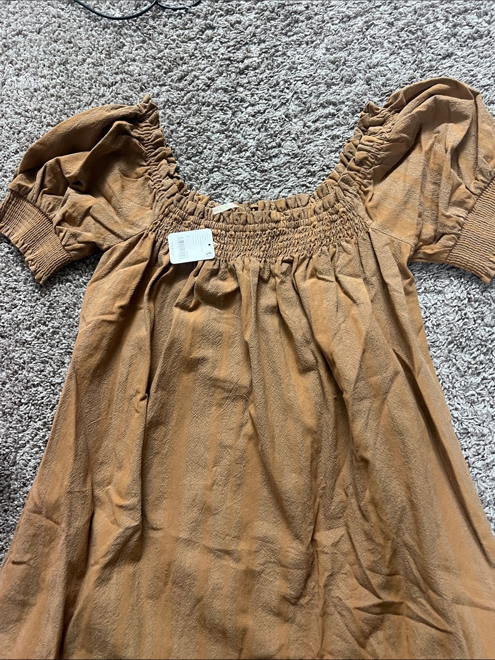 Free People Mustard/Tan Puff Sleeve Smocked Neck Dress - Picture 4 of 5